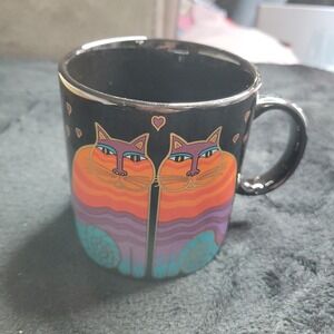 Vintage Laurel Burch Rainbow Cats Mug Black Orange Purple Hearts Coffee Tea Cup